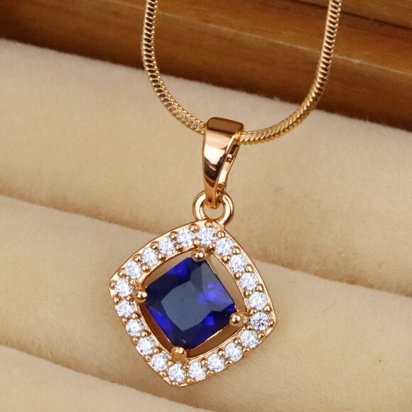 "Blue Princess-Cut Pendant with Crystal Halo in Gold Plated Brass, XPPT1791 - Picture 1 of 13